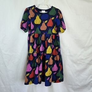 Hanna Andersson Girls Navy Colorful Pear Print Twirly Tiered School Dress Sz 6-7